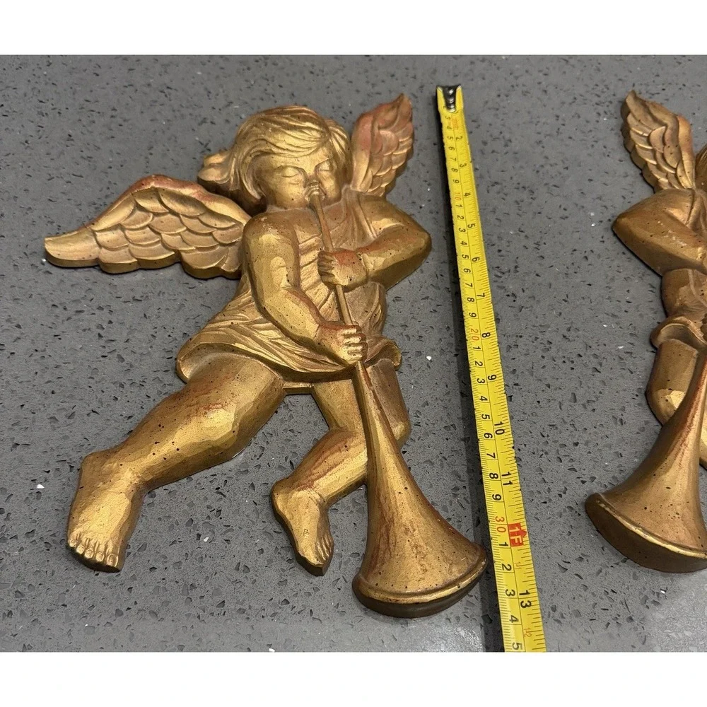 Vtg Cherubs Angels Wall Hanging Decor Gold Playing‎ Horn Set of 2